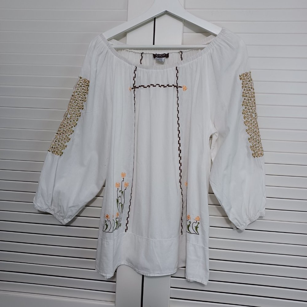 XCVI White Cotton Floral Embroidered Boho Tunic Top - Picture 2 of 8